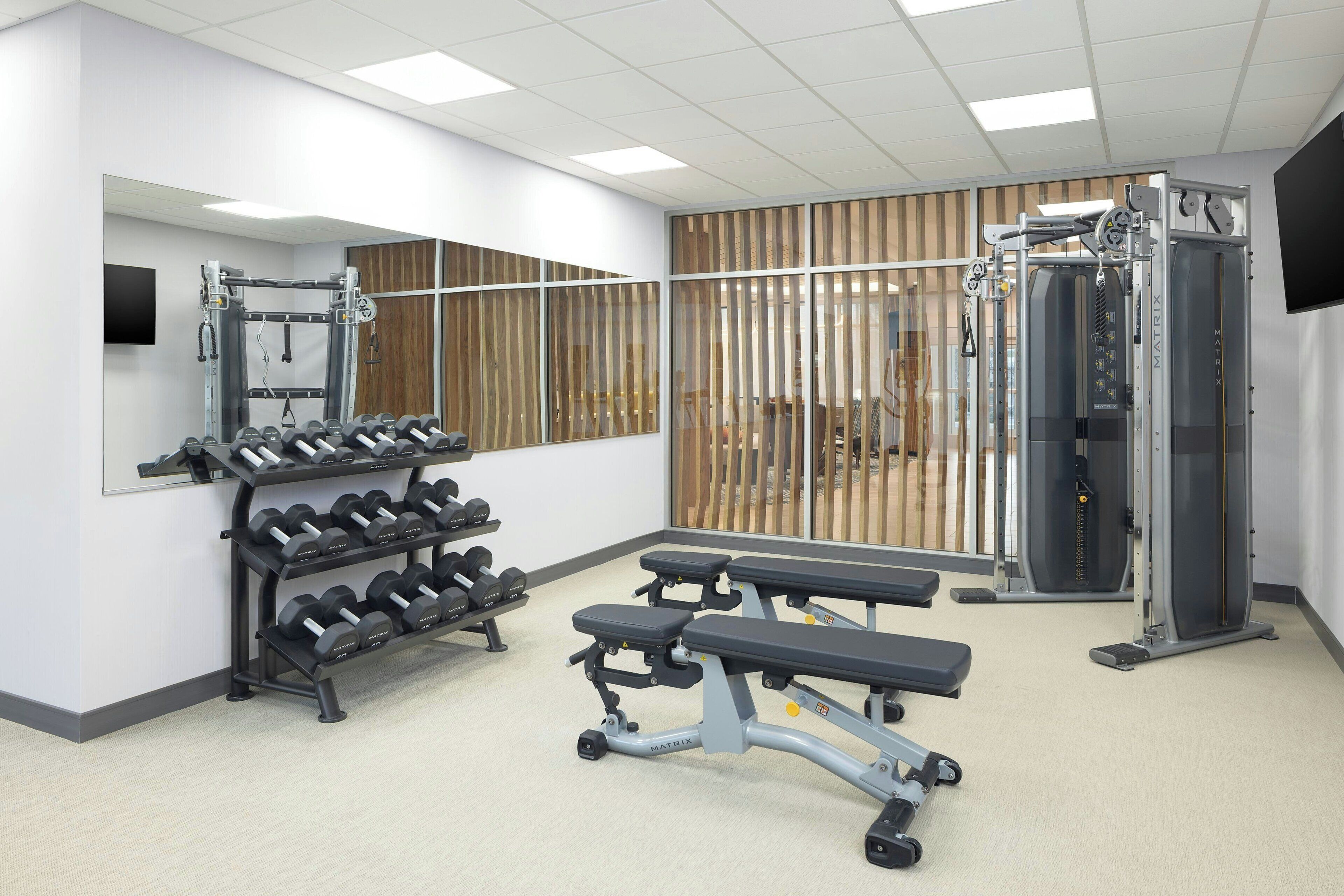 Un gimnasio con equipo de levantamiento de pesas, bancos y un muro con espejos.