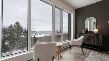 A modern living room with large windows, a fireplace, and a view of a forest and water.