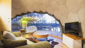 Un intérieur chaleureux avec un plafond hexagonal, un coin salon confortable, un téléviseur et une vue sur l’extérieur.