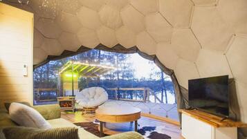 Una Smart TV, una chimenea, libros, un reproductor estéreo