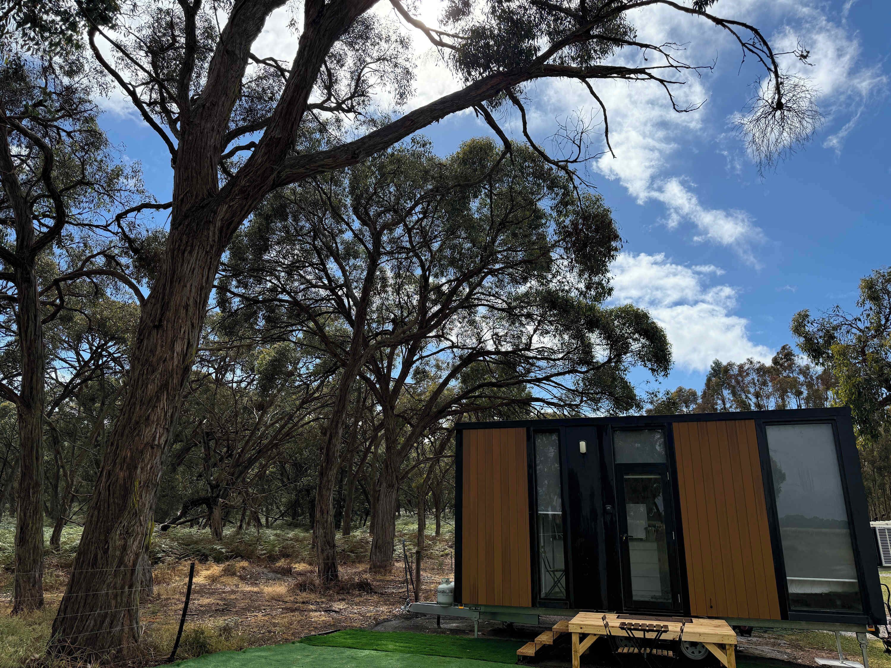 A modern cabin with a large window, surrounded by trees.