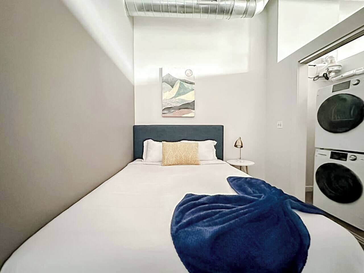 A hotel room with a bed, a nightstand, a lamp, and a washing machine.