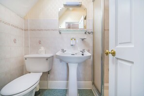 Habitación Deluxe con 1 cama matrimonial o 2 individuales, vista a la montaña | Baño | Regadera, secadora de cabello, papel de baño 