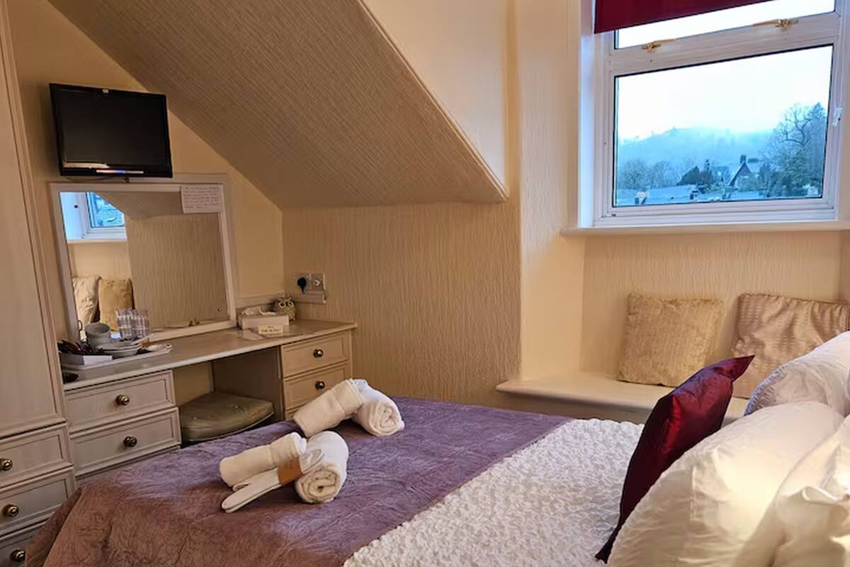 A bedroom with a bed, a TV, a window with a view, and a desk.