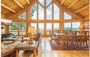 TV, fireplace - Lakeshine Chalet: Stunning View + Hot Tub + Fire Pit! (McHenry)