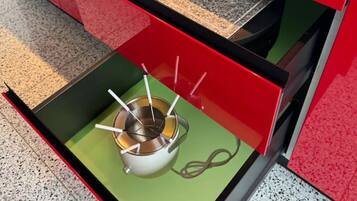 Coffee/tea maker, fridge, microwave, oven