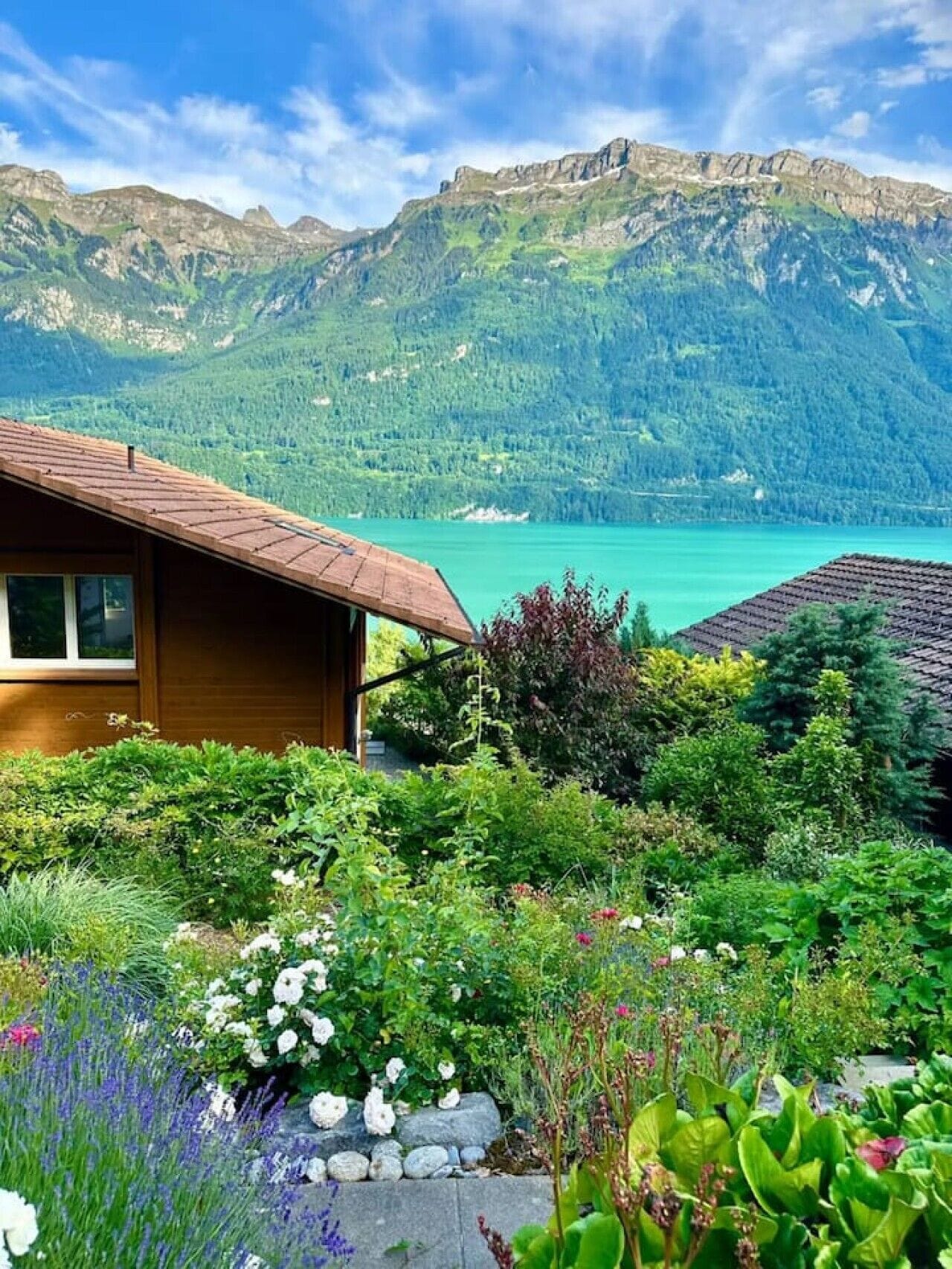 Uma casa com vista para uma montanha e um lago.