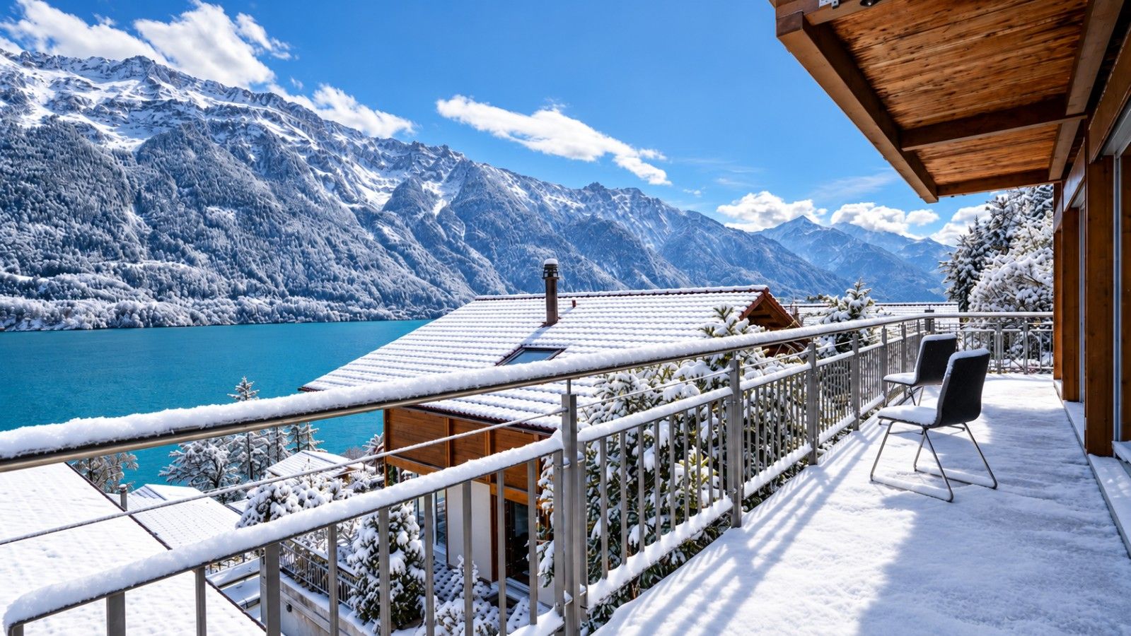 Un balcon enneigé offrant une vue sur un lac de montagne et des arbres couverts de neige.