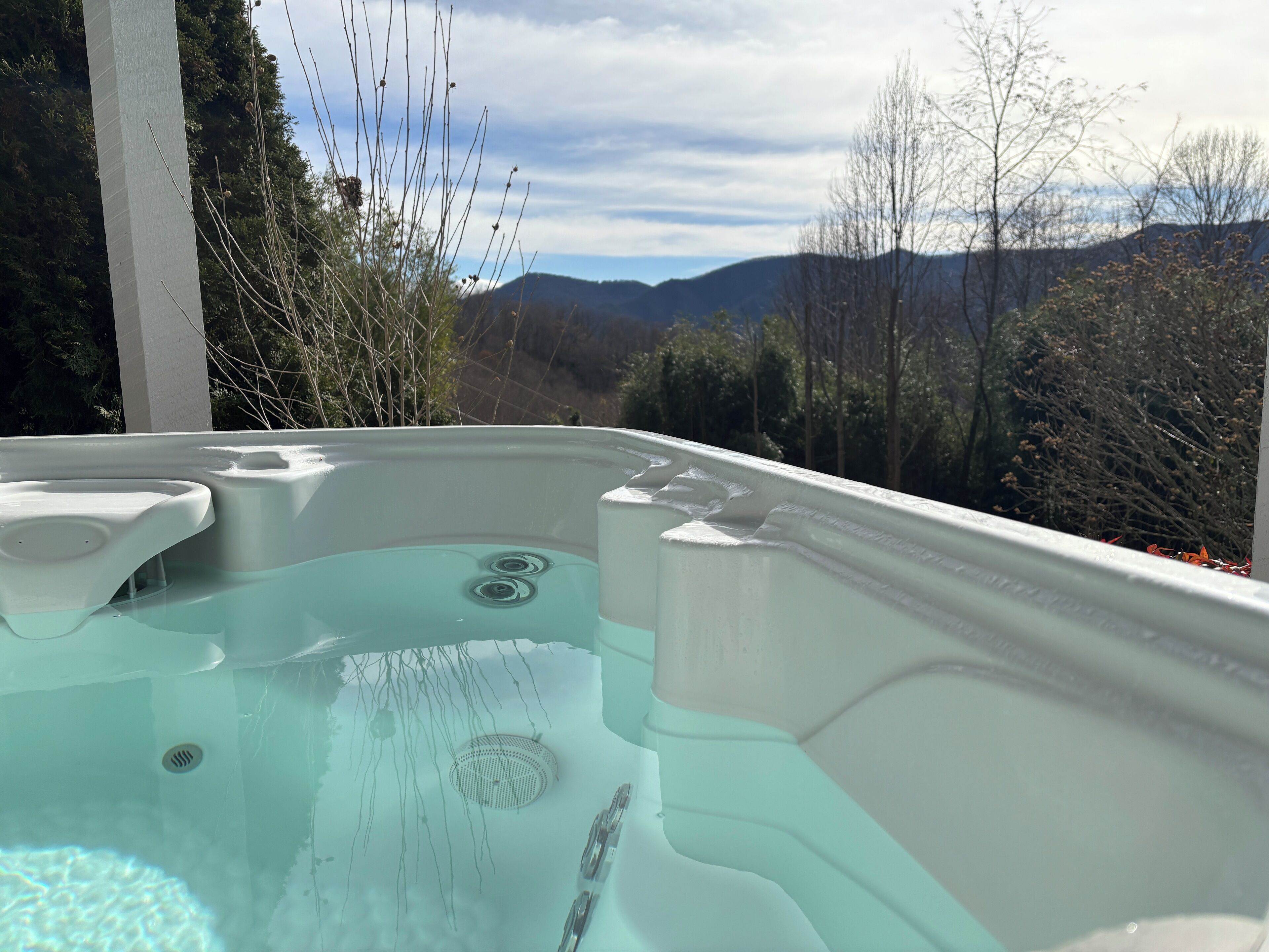 Un bain à remous avec vue sur les montagnes et les arbres.