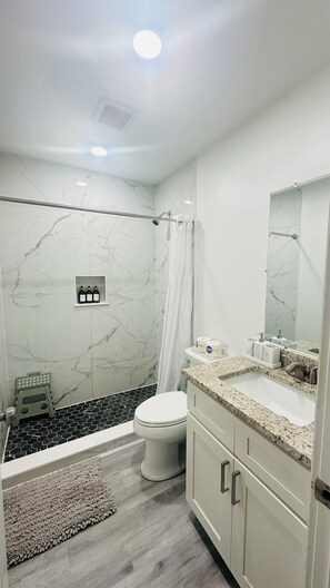 A modern bathroom with a shower, toilet, and vanity. - Rustic Cozy Duplex Unit Near IMG & Beaches (Bradenton)