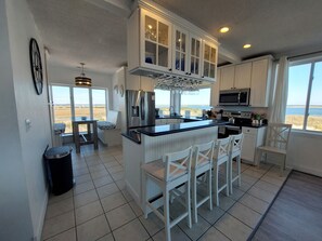 Fridge, microwave, oven, stovetop - Point of View- Beachfront, dog-friendly 4-BR townhome with unbeatable views (North Topsail Beach)
