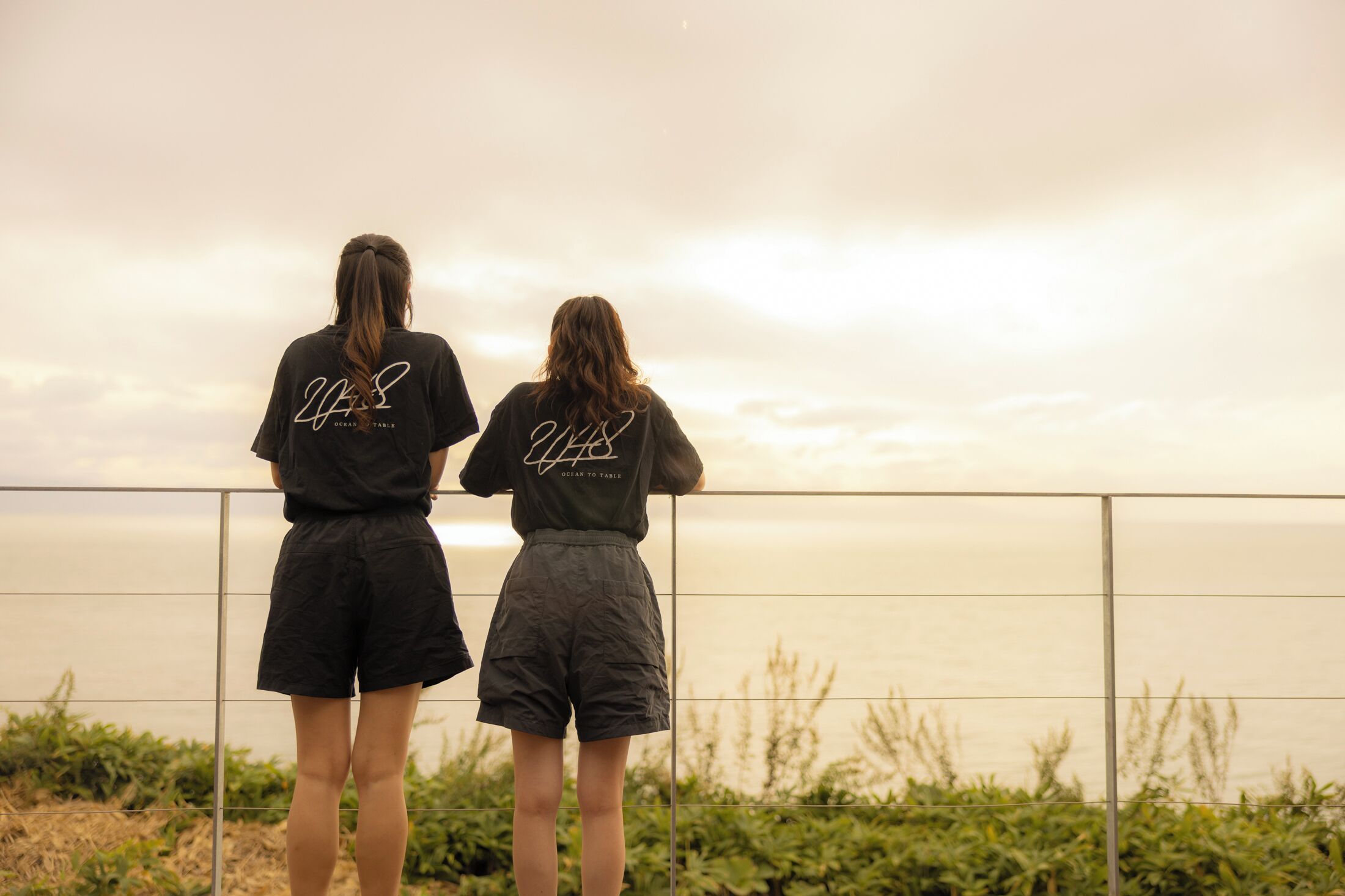 Two people standing on a balcony overlooking a body of water.