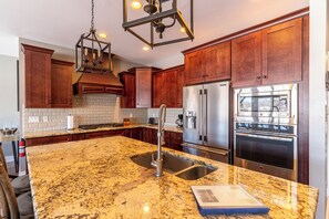 Fridge, microwave, oven, stovetop - Water's Edge! 11 Bdrm, 5.5 Bath, Lakefront, Dock, Sleeps 35, Hot Tub, IR Sauna (Lake Harmony)