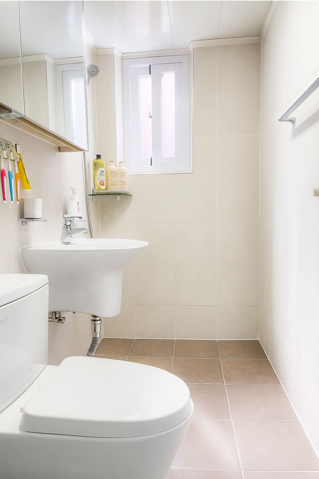 Shower, hair dryer, towels, toilet paper