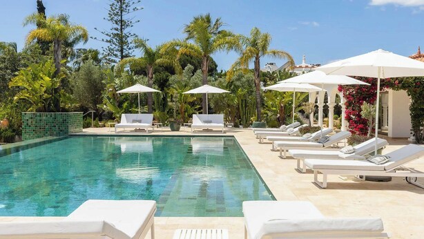 Una piscina con lettini e ombrelloni, circondata da piante tropicali.