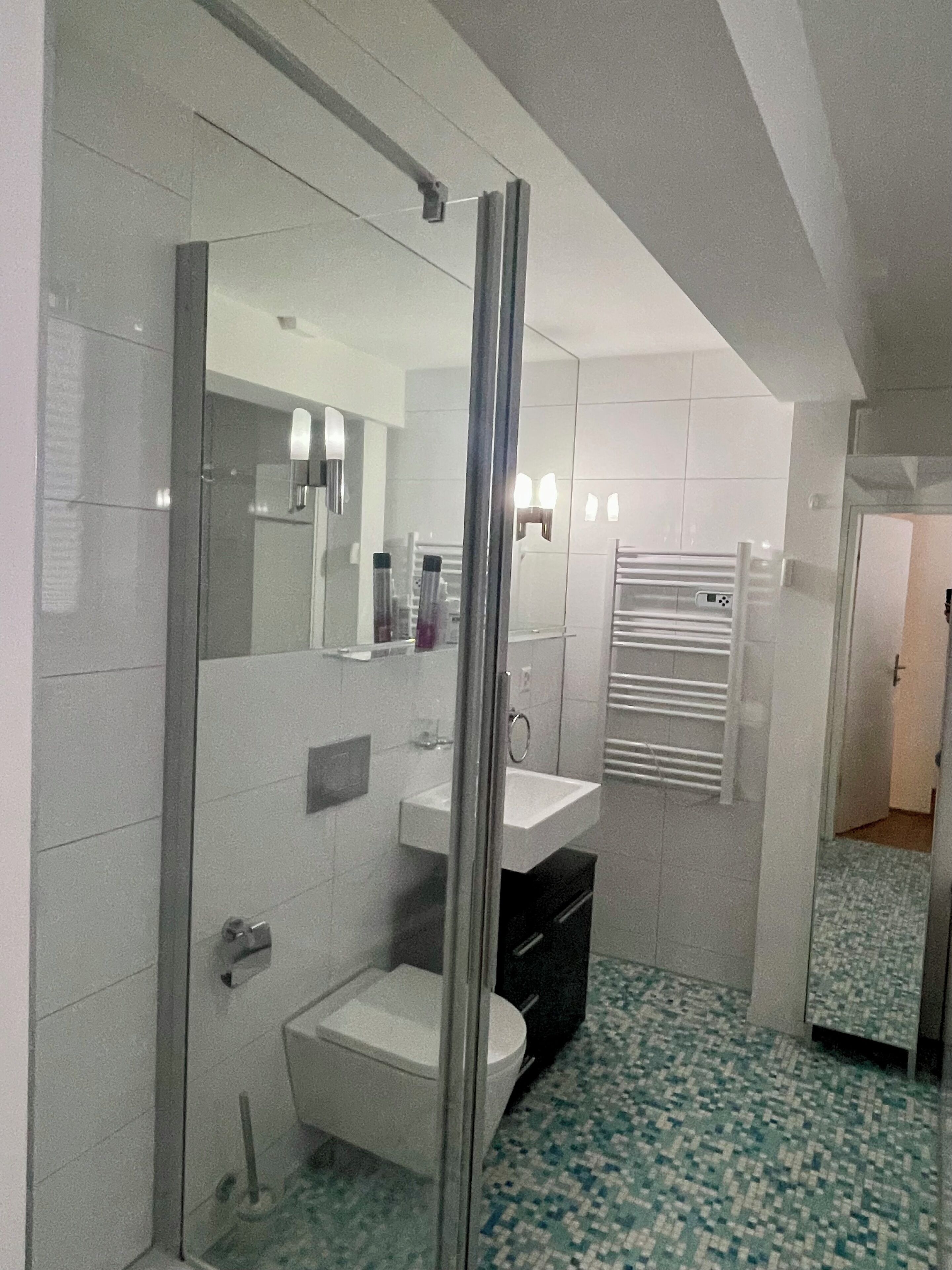 Sèche-cheveux, serviettes fournies, savon, shampoing