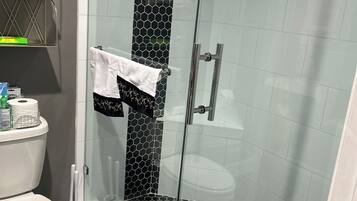 Chuveiro, secador de cabelo, toalhas de banho, sabonete