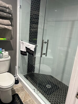 Chuveiro, secador de cabelo, toalhas de banho, sabonete