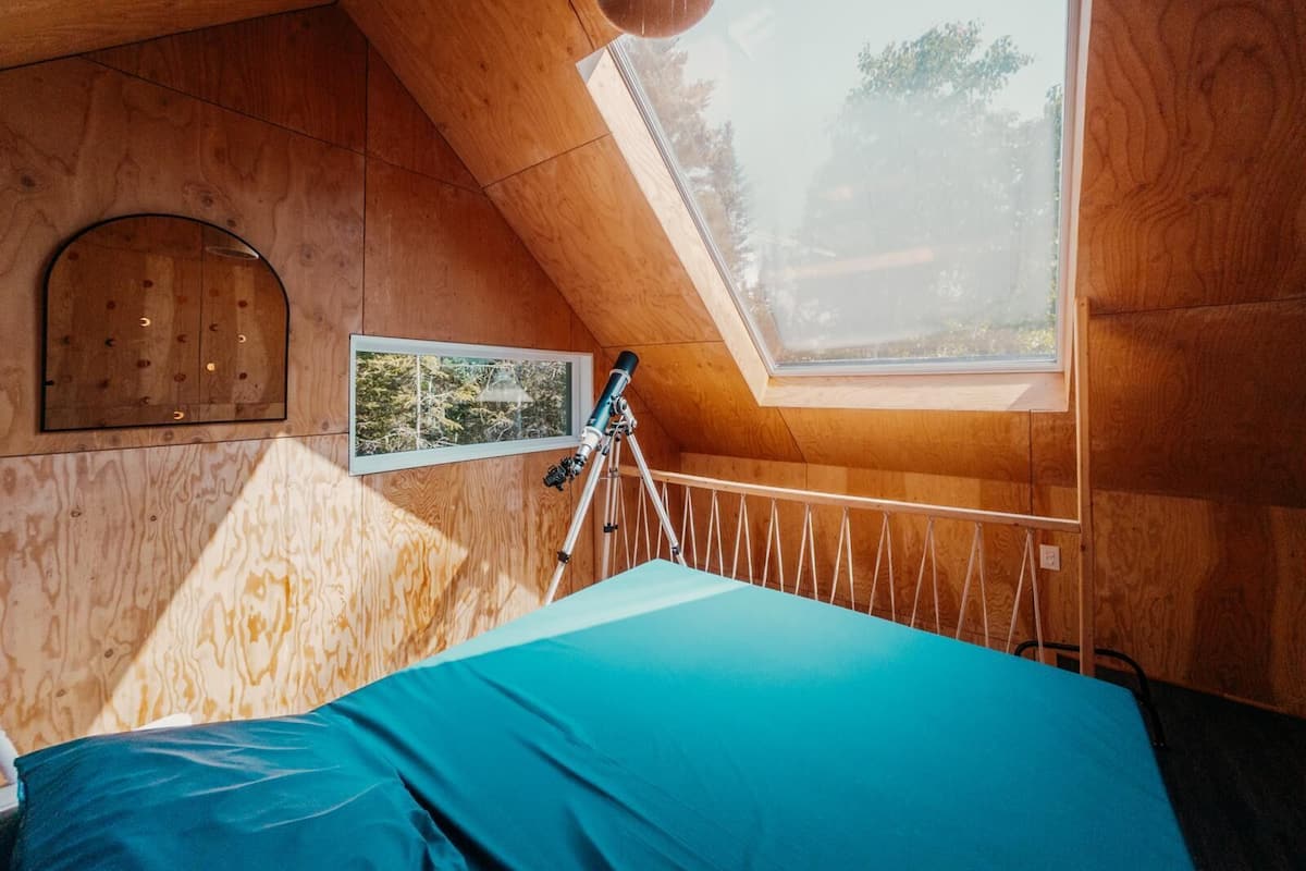 A room with a sloped ceiling, a telescope, a framed picture, and a window with a view of trees.