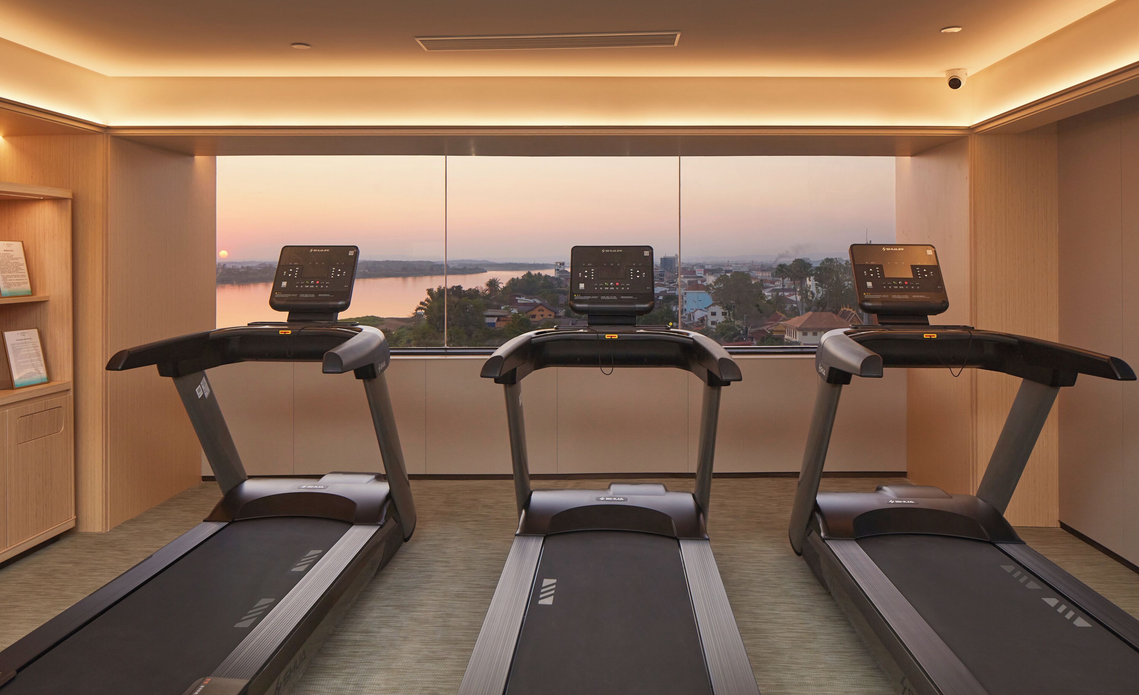 A gym with three treadmills, a view of a cityscape, and a wooden interior.