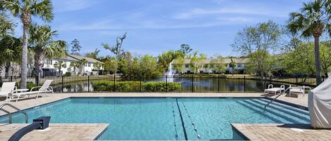 A swimming pool with a no diving sign, surrounded by palm trees and lounge chairs.