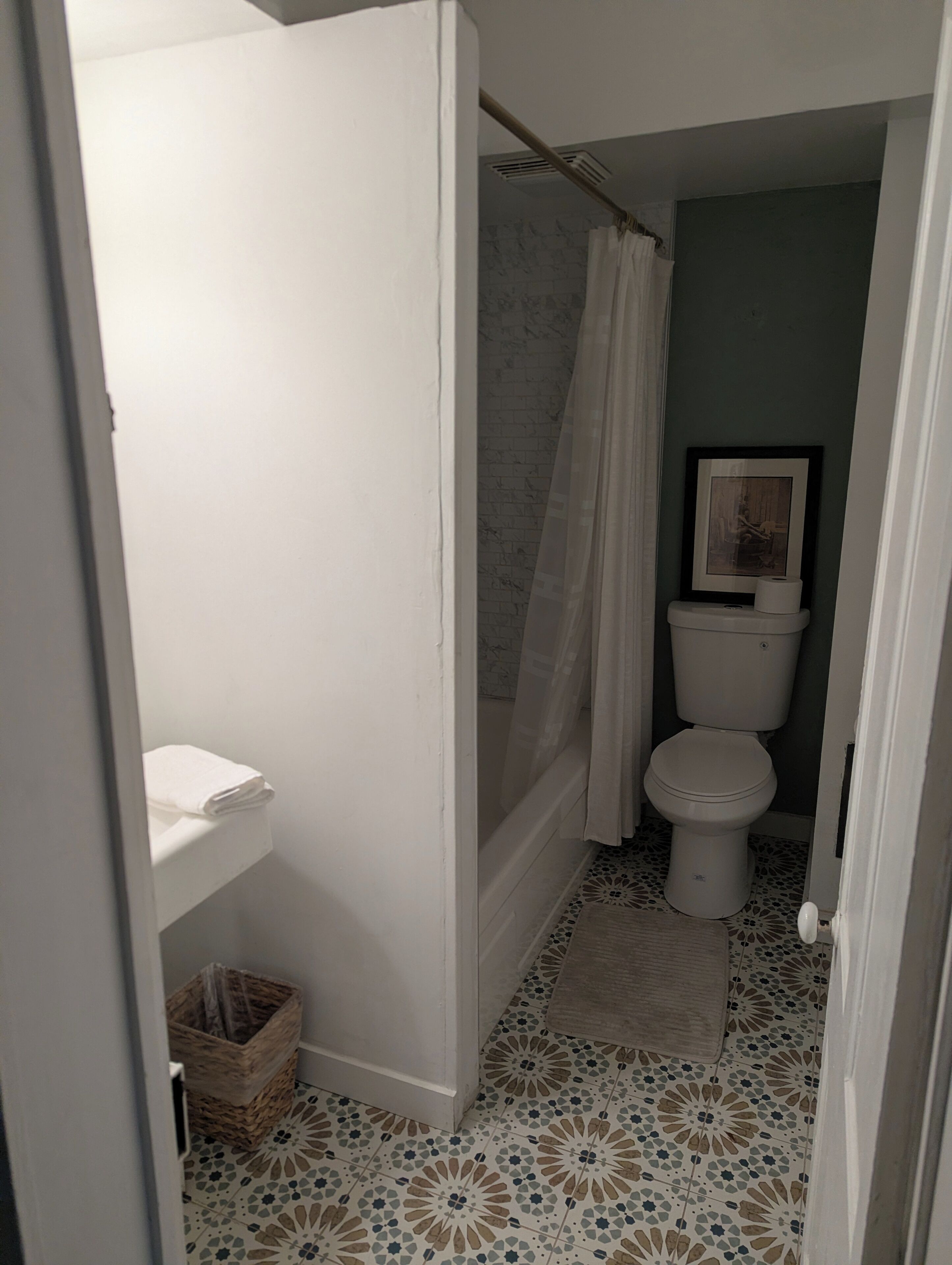 A bathroom with a shower, toilet, and a framed picture on the wall.