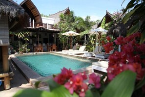 Outdoor pool, pool umbrellas