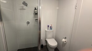 Douche, sèche-cheveux, serviettes fournies, savon