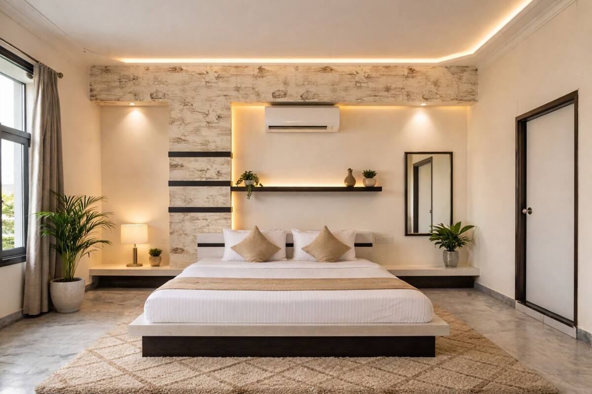 A modern bedroom with a large bed, bedside tables, a wall-mounted air conditioner, and a mirror.