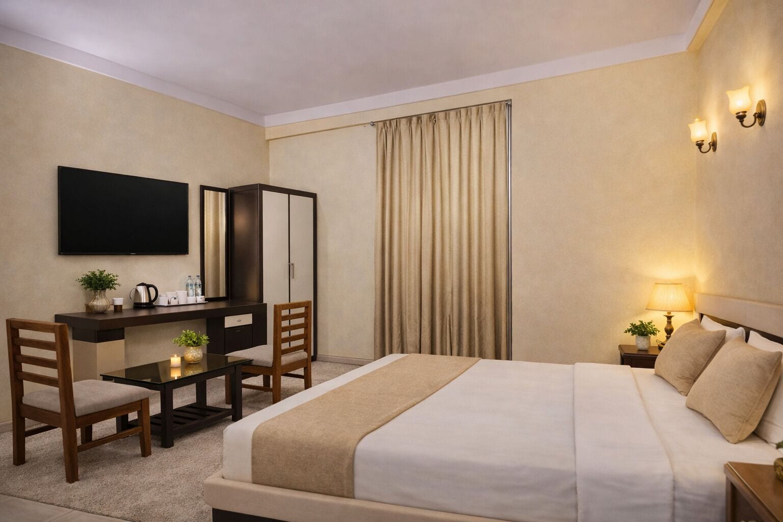 A hotel room with a bed, desk, chairs, a television, and a window with curtains.