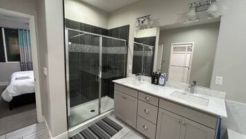 Hair dryer, bidet, soap, toilet paper