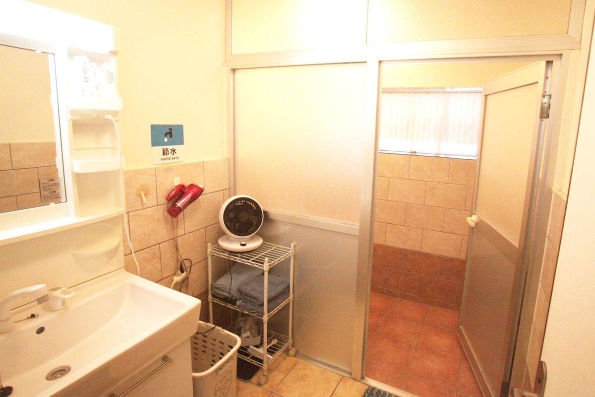 A small bathroom with a sink, a mirror, a hairdryer, and a fan on a shelf.