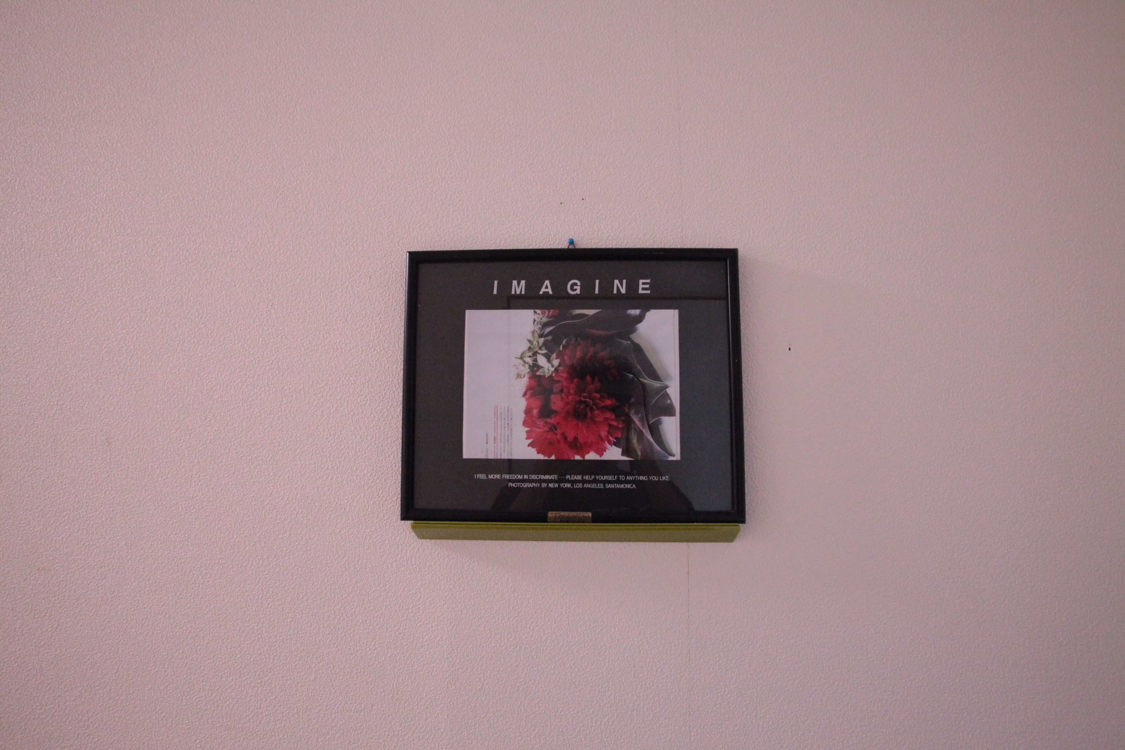 A framed picture with the word "IMAGINE" on a pink wall.