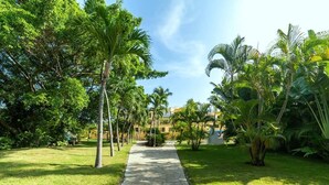 A paved pathway flanked by lush greenery and palm trees, leading towards a building with a modern design. - Silent residence in downtown Sosua, you don't hear that every day! (Sosúa)
