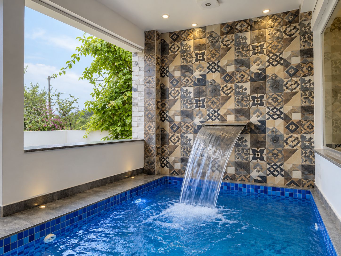 Una piscina interior moderna con una cascada, rodeada de baldosas estampadas y un ventanal con vistas a la vegetación.
