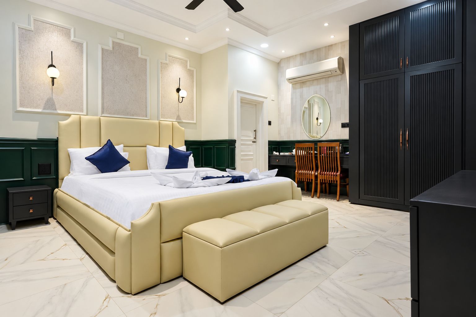 Un dormitorio moderno con una cama grande, un escritorio y un guardarropa.