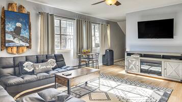 TV, fireplace, books