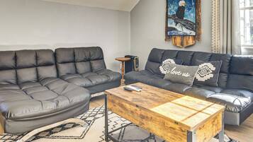 TV, fireplace, books