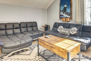 TV, fireplace, books