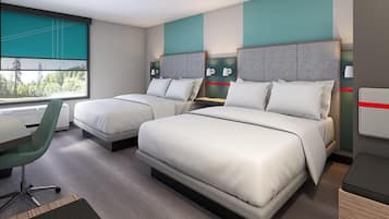 A hotel room with two beds, a desk, a chair, and a window with a view.