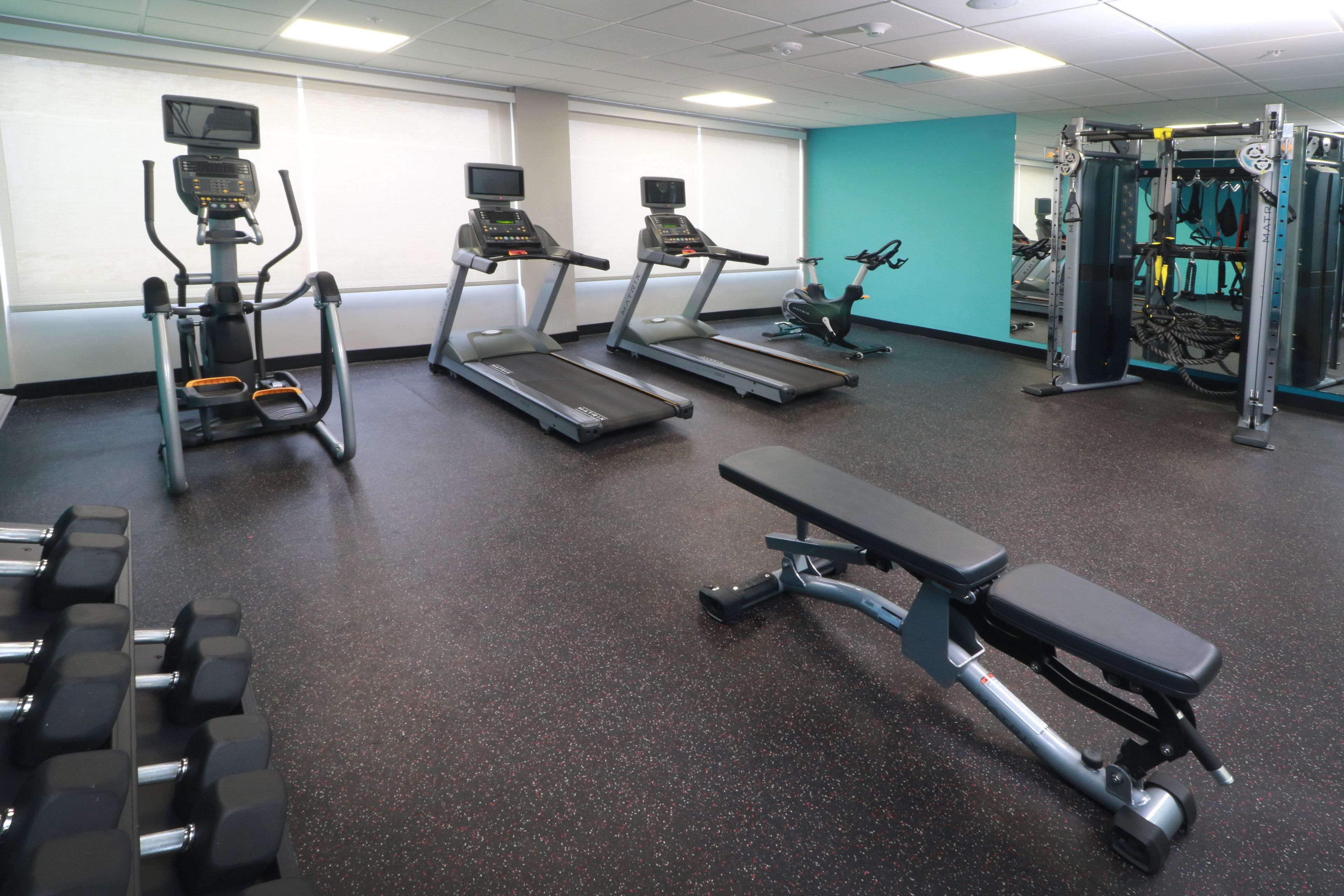 Un gimnasio con cintas de correr, elípticas, una banca y pesas.