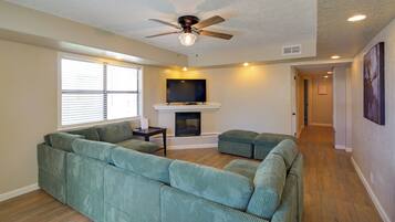 Televisión, chimenea y libros