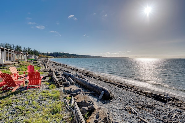 Een strand met rode stoelen, een boomstam en een rij gebouwen langs de kust.
