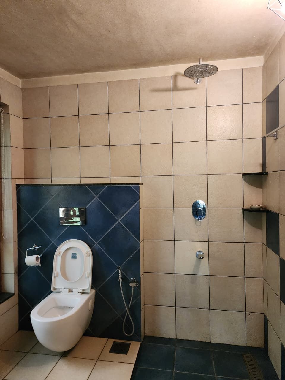 Casa de banho com sanita, chuveiro e secador de mãos.
