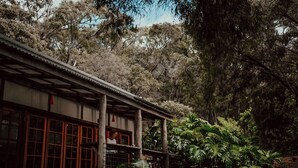 Un bâtiment traditionnel en bois, doté de grandes fenêtres et d’un porche abrité, entouré d’une végétation luxuriante.