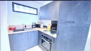 A compact kitchen with grey cabinets, a sink, a coffee maker, and a toaster. - Chalet "L'Aster" 6/7pers, breathtaking view, 150m from the slopes, Risoul resort 1850 (RISOUL STATION 1850)