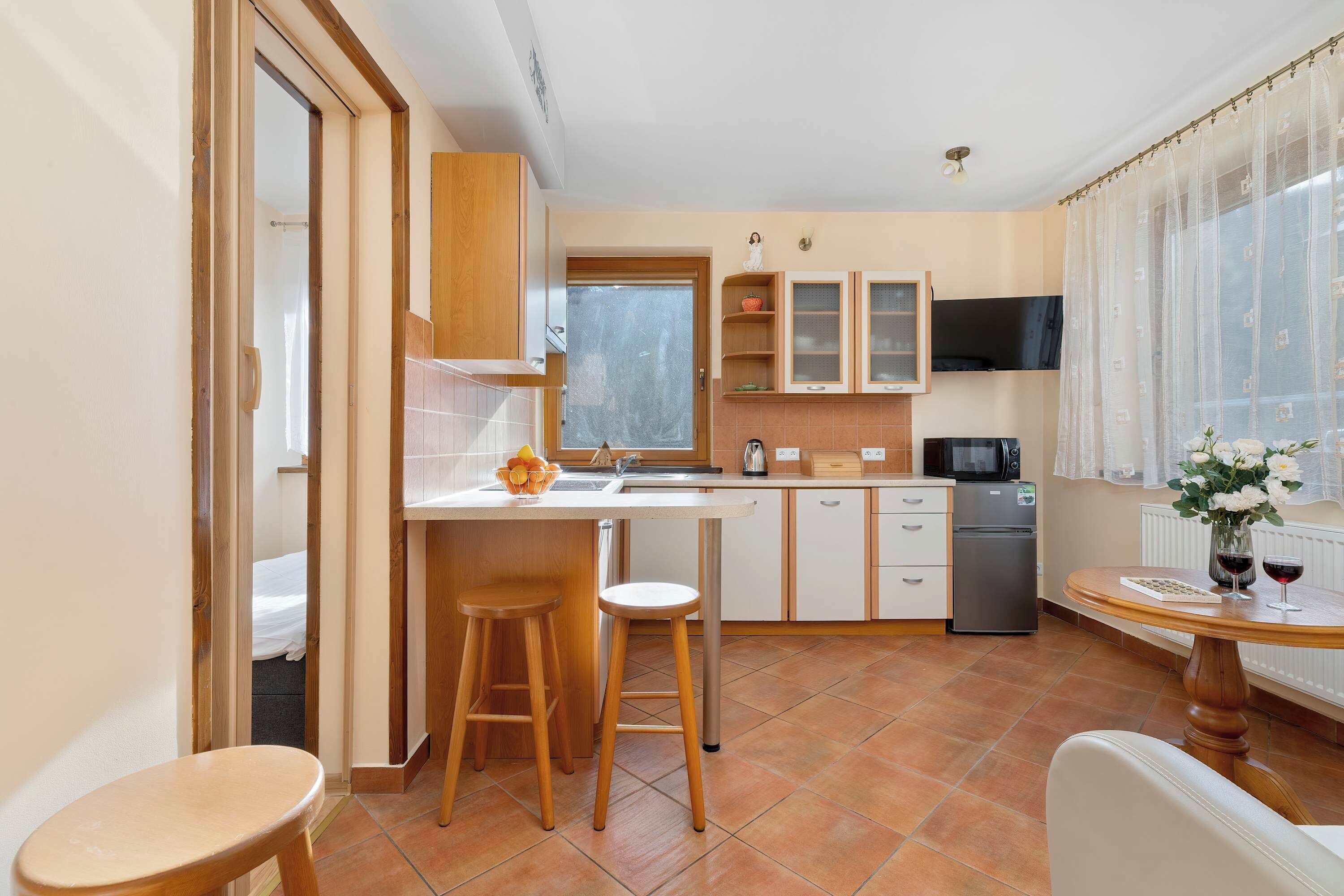 Fridge, microwave, stovetop, electric kettle