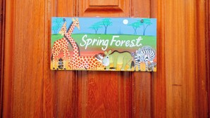 Eine Holztür mit einem farbenfrohen Schild, das eine frühlingshafte Waldszene mit Giraffen, einem Zebra, einem Nilpferd und Bäumen zeigt.