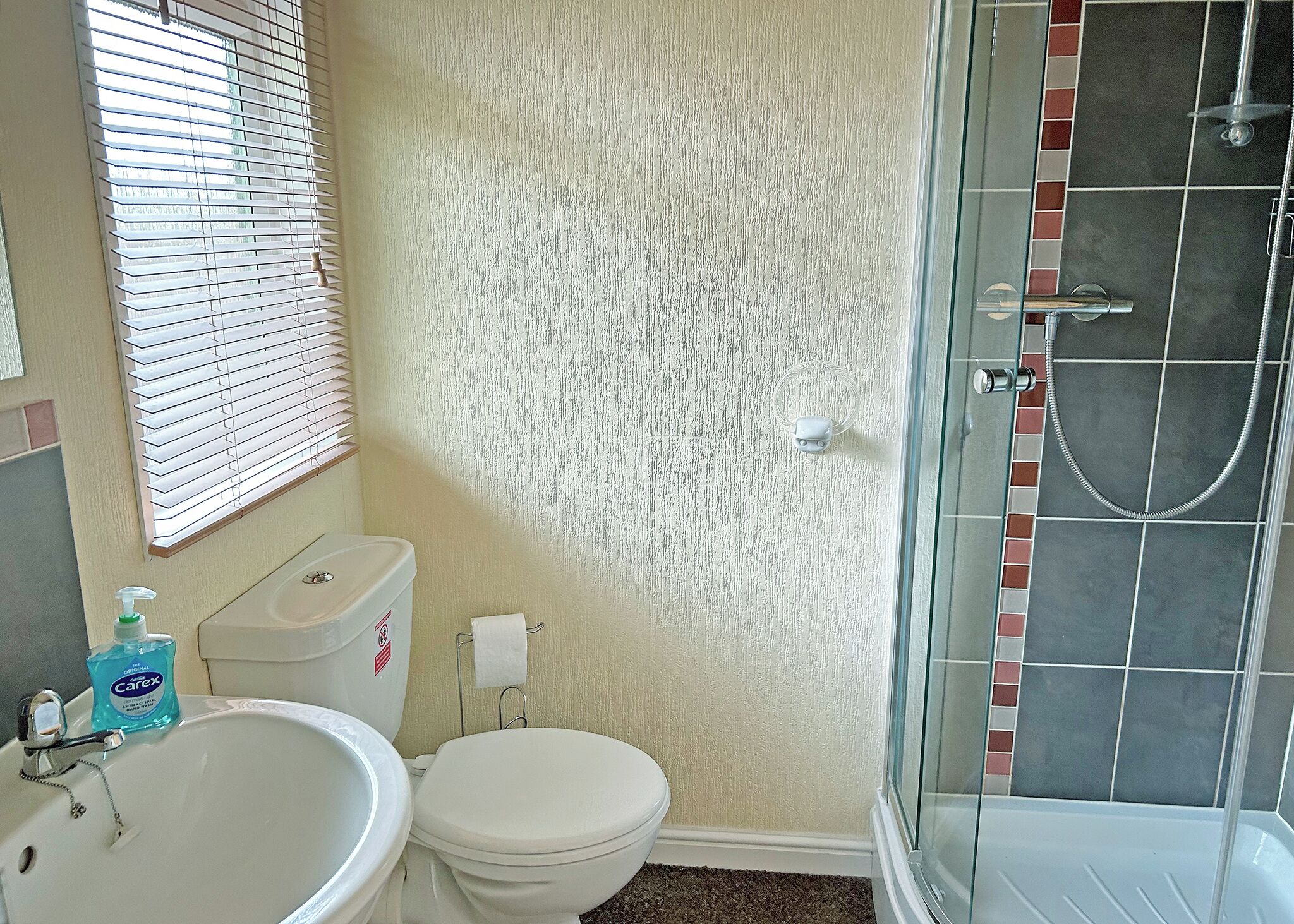 Une salle de bain avec des toilettes, un lavabo et une douche.