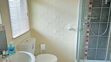 Une salle de bain avec des toilettes, un lavabo et une douche.